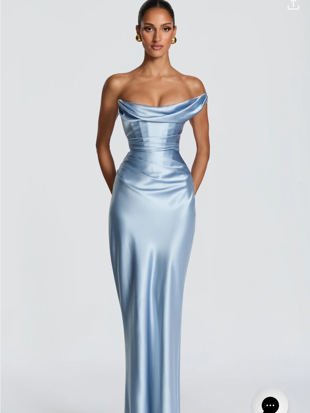 Off-Shoulder Satin Maxi Gown in Light Blue